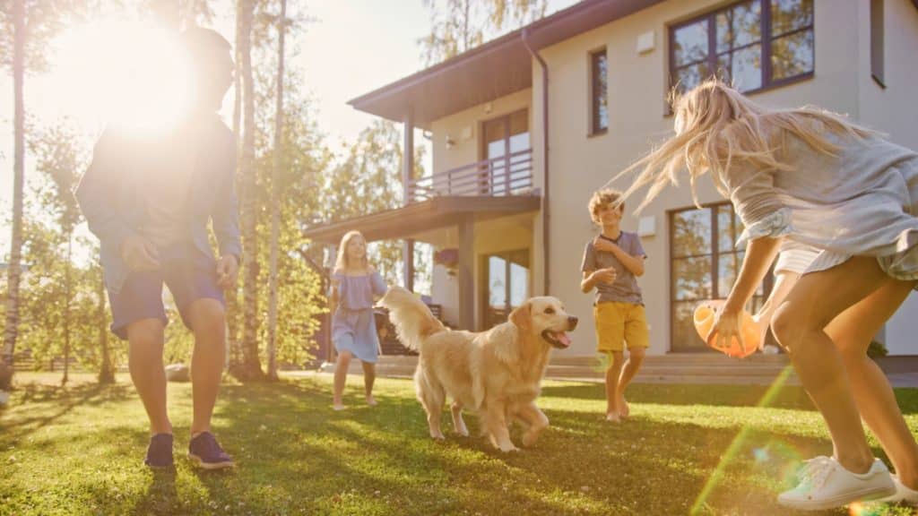 Family enjoying time at home with their dog and local cleaning professionals